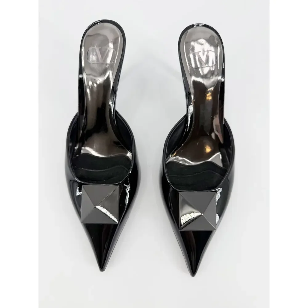 Valentino Garavani One Stud Black Patent Leather Mules Heels Size 39 EU 8.5